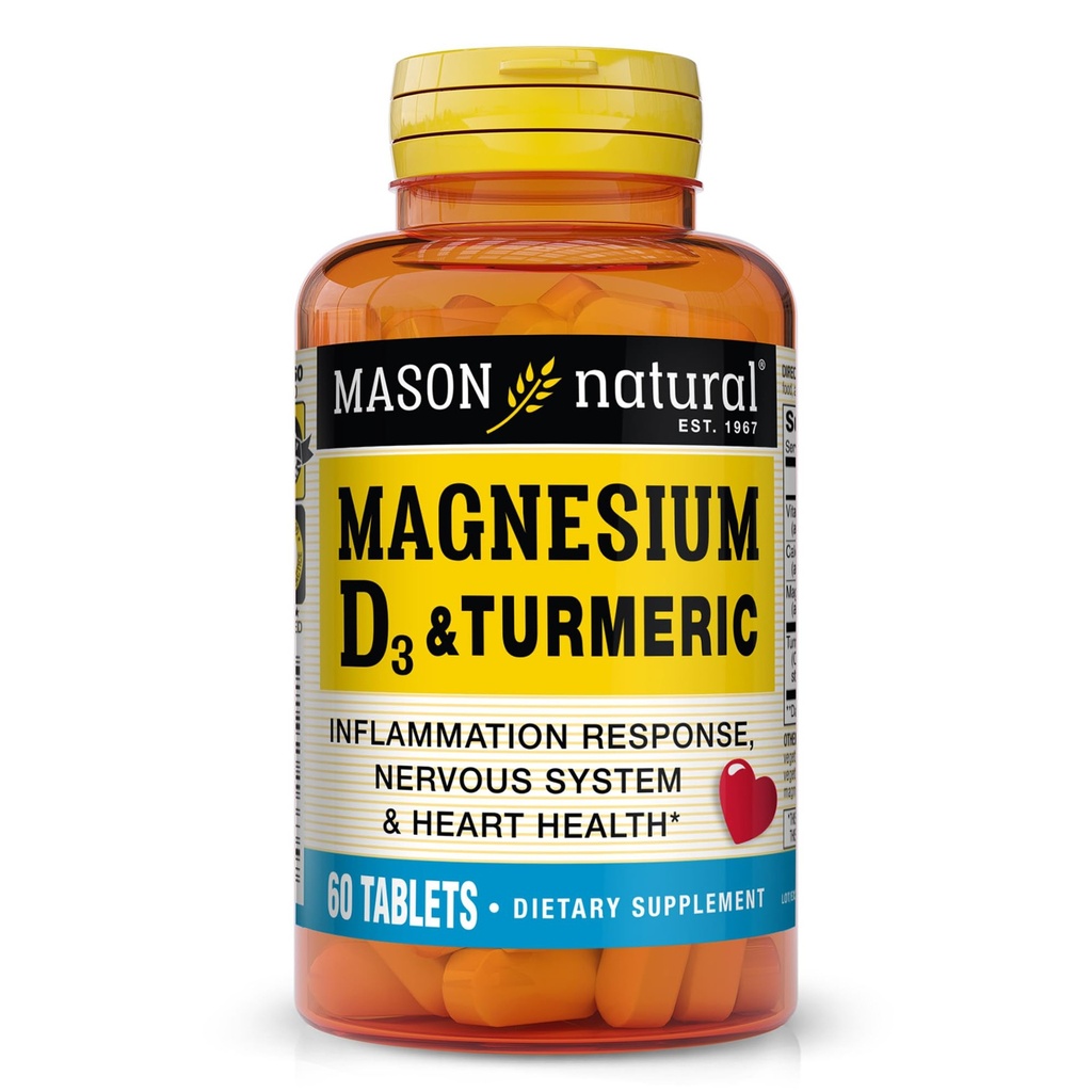 MASON NATURAL Magnesium & Vitamin D3 s kurkumou, 60 denní zásobovací dietní dodatek s 500 mg hořčíku, 3000 IU vitaminu D3 a 150 mg kurkumy