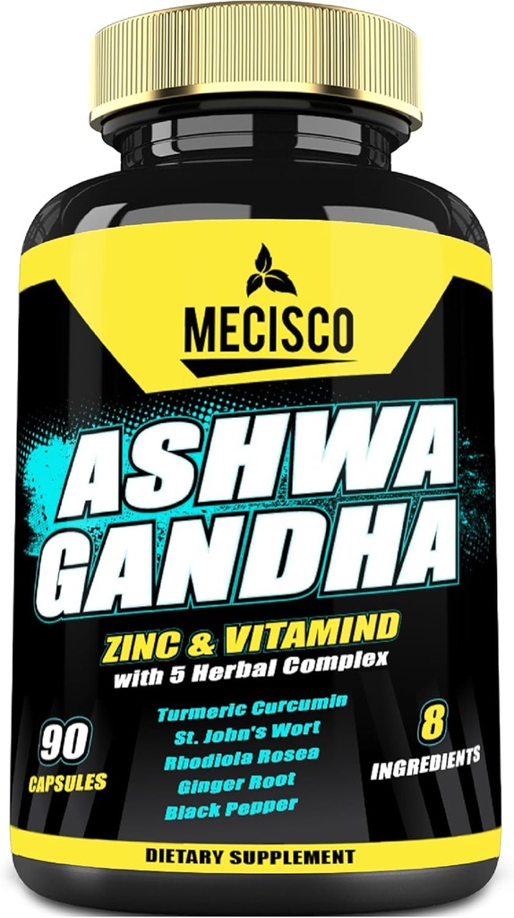 8in1 Organic Ashwagandha Doplňky pro muže a ženy 3 měsíční dodávky - 5640mg se zinem, vitaminD, turmeric, St John 's Wort, Rhoddiola Rosea, & Více - Podpůrné tělo, imunitní, mood & síla - 90