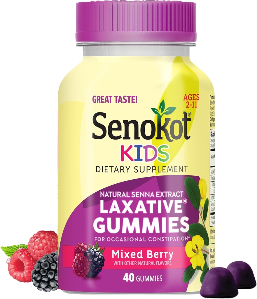 Senokot Kids Mixed Berry Laxative Gummies for Age 2 +, Senna Extract for Gentle, Overnight Relief from Occasional Constolly, 40 ct