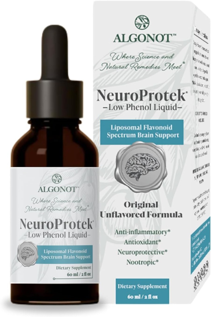 Neuroprotek Nízký fenol Liquid - Neochucené - 60 porcí, Jediná luteolinová tekutá formulace pro rychlou absorpci. Exkluzivní patentovaná kombinace luteolinu a jiných flavonoidů v olivovém pomacovém oleji