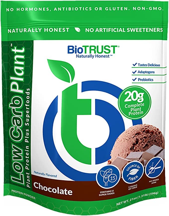 BioTrust Low Carb Plant, Delicious, Creamy, 20 Grams of Clean, Complete, Plant- Based Protein, 5 Grams Fiber, 15 Superfoods, Digestive Enzymes, Vegan, Dairy- Free - 14 Servings (Čokoláda)