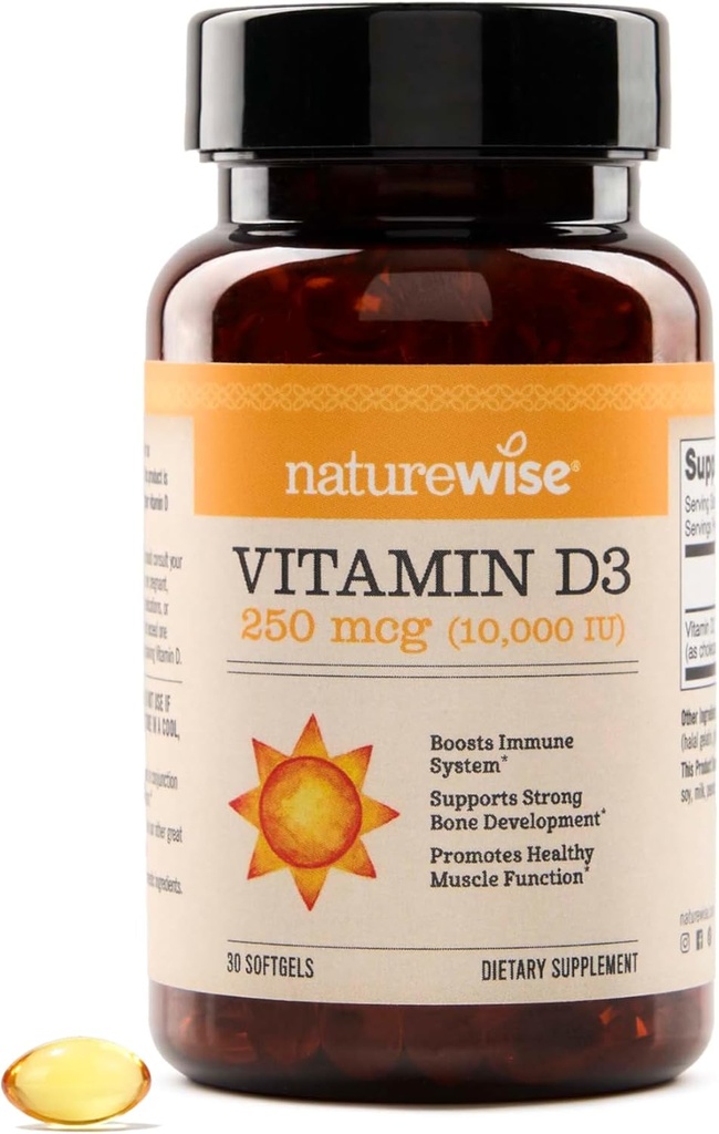 NatureWise Vitamin D3 10,000IU (250 mcg) 30denní zásobování - vysoká účinnost pro zdravou imunitní podporu a svalové funkce, Non- GMO, gluten- Free in Organic Extra Virgin Olive Oil, (Mini Softgel), 30 Počet