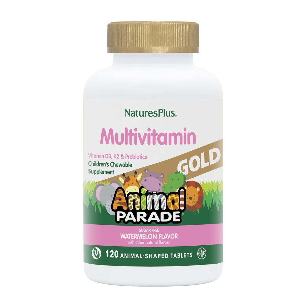 Natures Plus Animal Parade Gold Multivitamine Dětské žvýkačky - Vodní meloun Flavor - 120 Animal- Shaped Tablety - Vitamin D3, K2 & Probiotika - Vegan, Gluten zdarma - 60 Celkem Service