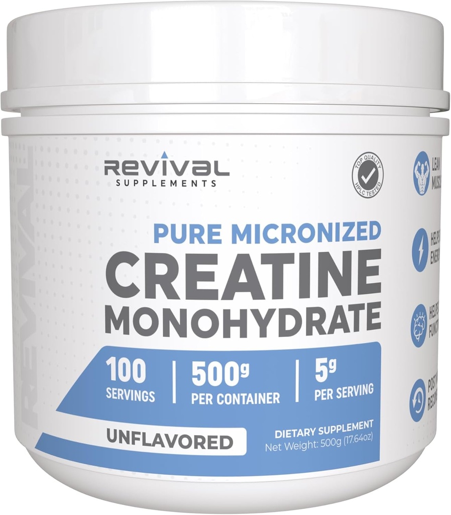 Revival Premium Micronized Creatin Monohydrát - HPLC Testováno 100% Čistá třída - 500g (100 Služeb) - Podporuje Lean Muscle Growth - Maximální absorpce - Neochucené - Vyrobeno v USA & 3. strana Lab Tested