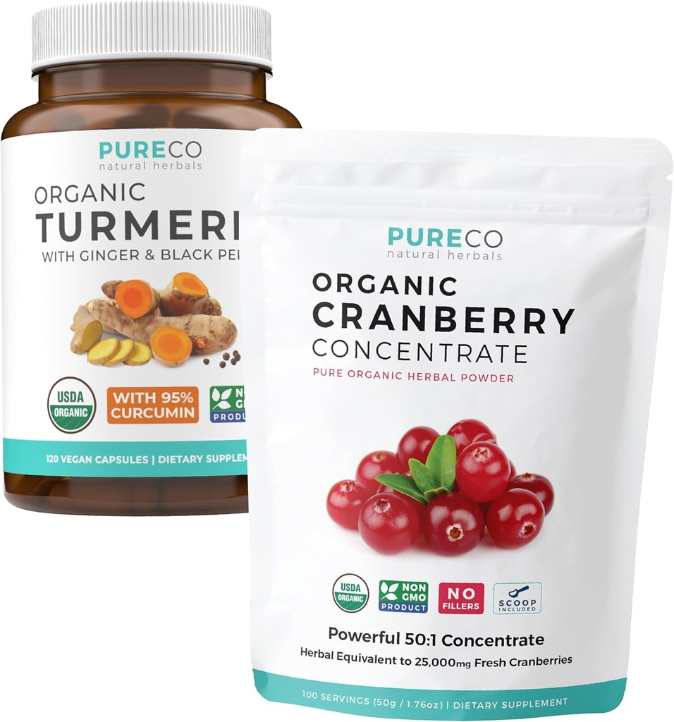 Kurkuma a brusinkový prášek (3- Month Supply) Berry Turmeric Blend Bundle of Organic Turmeric Curcumin with Black Pepper & Ginger (120 Caps) & Organic Cranberry Concentrate Powder Extract (100 Scoop)
