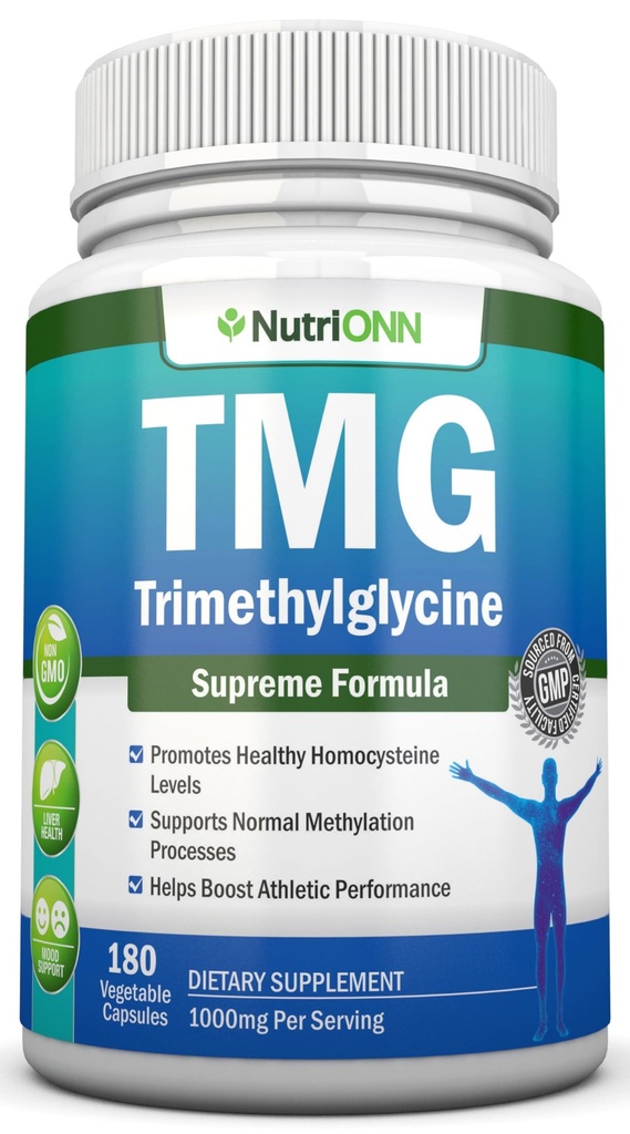 TMG Trimethylglycin dodatek - 1000mg - 180 Kapsle - Premium čisté Betaine Bezvodý - Podporuje normální Homocystein & krevní tlak úrovně - Promotes Methylation Processes - Non- GMO vzorec