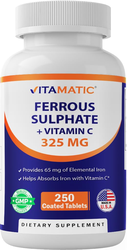 Vitamatic Ferrous Sulfát 325 mg s vitaminem C 100 mg (65 mg Elemental Iron) - High potency Iron Supplement - No umělé barvy - 250 potahovaných tablet, Made in USA