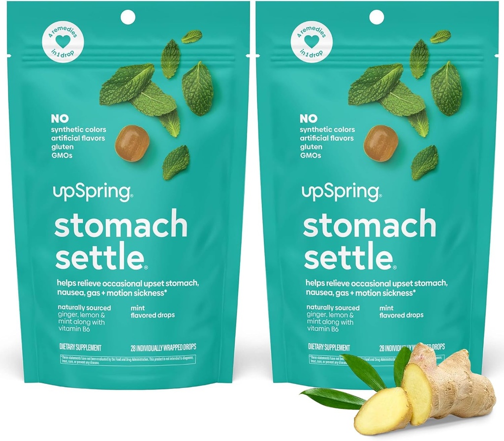 UpSpring Stomach Settledrops for Occasional Nausea Relief, Upset Stomach and Motion Nemoci se zázvorem, Lemon, Spearmint a B6, Mint Flavor Drops, 56ct (Balení po 2)