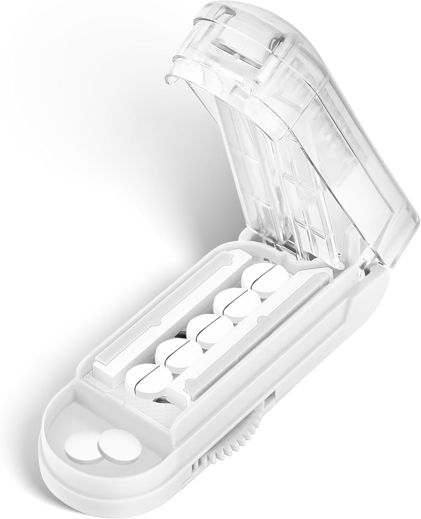 DUBSTAR Pill Cutter Splitter pro malé a malé pilulky, vícenásobné pilulky pro malé nebo velké pilulky, Nastavitelný Pill Splitter s uzavíracím zařízením a čepelí Stráž pro více tablet (jasné bílé)