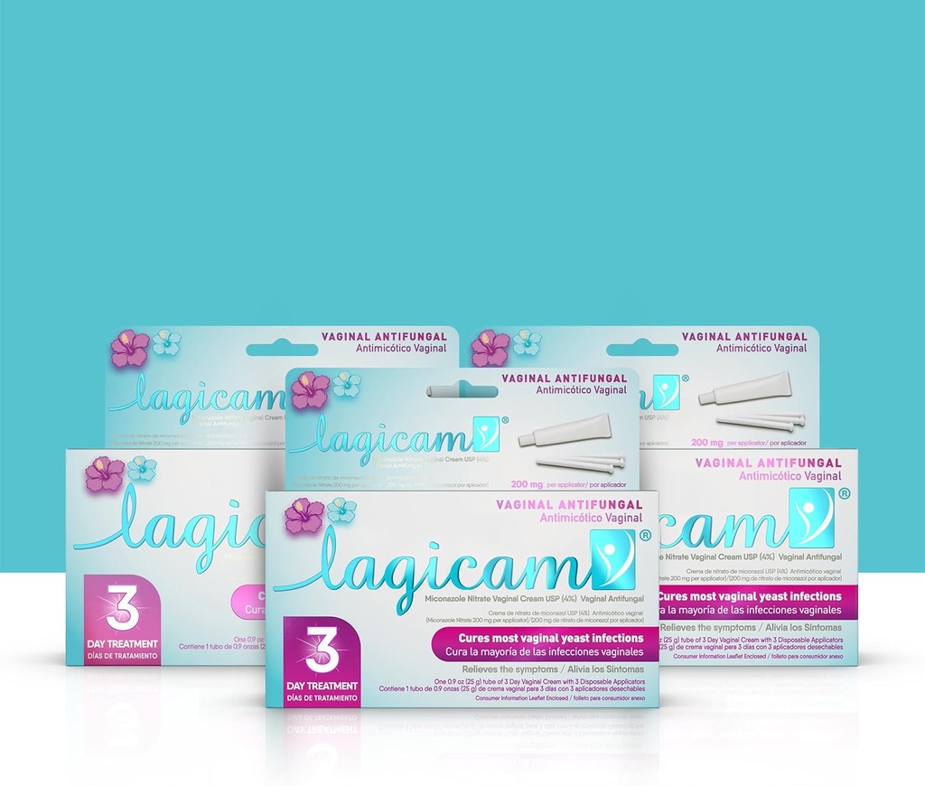 Lagicam 3 Day Yeast Infekce Léčba pro ženy, Začněte pracovat na 1. den, Miconazole nitrát, Antimykotická vaginální krém pro svědění a podráždění, 3 Jednorázové aplikátory & krém (Balení 3)