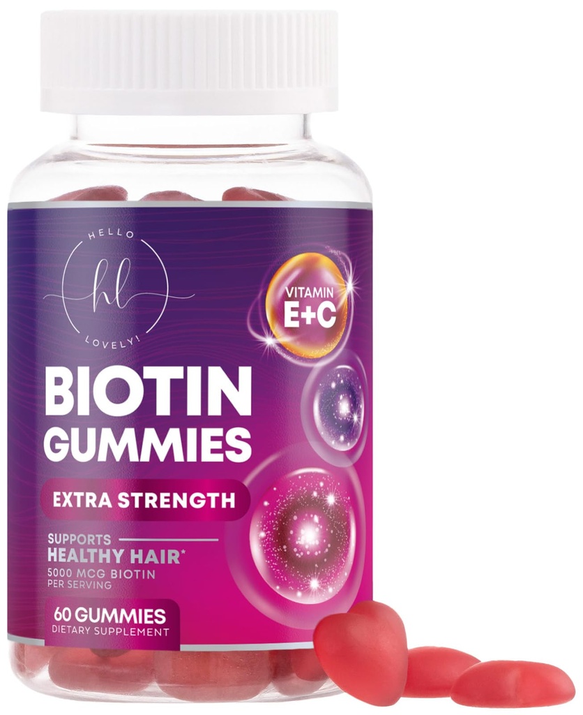 Vlasové vitamíny Gummy s Biotin 5000 mcg - Podpora růstu vlasů s vitamíny E & C pro tlustší, silnější a krásné vlasy - Vlasy kůže a hřebíky Vitamin pro ženy, Non- GMO, Lepek zdarma - 60 Gumy
