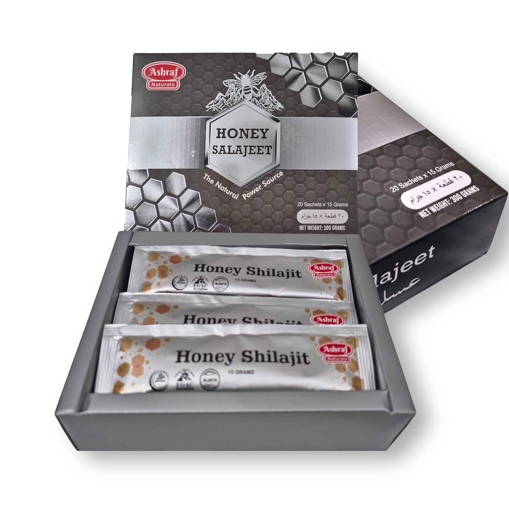 Natural Shilajit Honey Sticks 15 Gram Každý 20 Sticks - Shilajit Resin s čistým syrovým medem, Fulvic acid & Trace Minerály, Plant Based Nudents for Energy, Vitality & Imunitary Support PHAR124; GARD 124; 20 Sticks