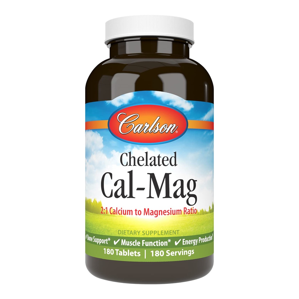 Carlson - Chelated Cal- Mag, 2: 1 poměr vápníku k hořčíku, podpora kostí, svalové funkce a výroba energie, 180 tablet