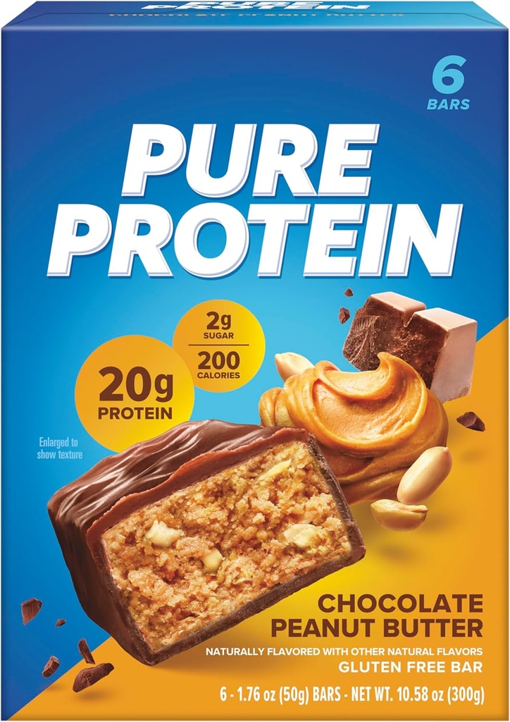 Čisté proteinové tyčinky, vysoký protein, výživné snacks na podporu energie, nízký cukr, gluten zdarma, čokoládové arašídové máslo, 1.76 Oz (balení po 6)