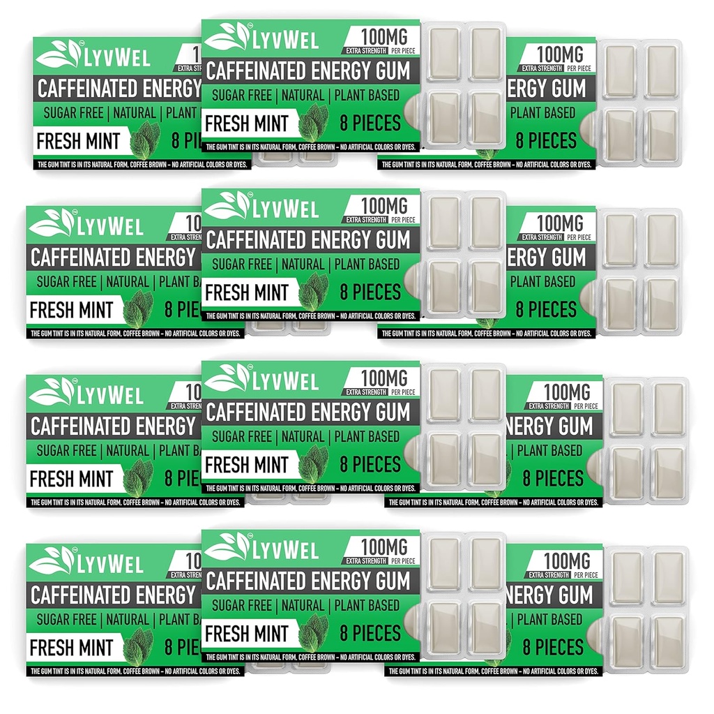 LyvWel Energy Gum PHARMAN124; 100mg Caffeine per gem PHARMAN124; All Natural GARMAND 124; Sugar- Free Pre- Workout Boost: Váš doplněk esenciální energie k pobytu Awake- karton 12 balení (Mint- 12 balení)