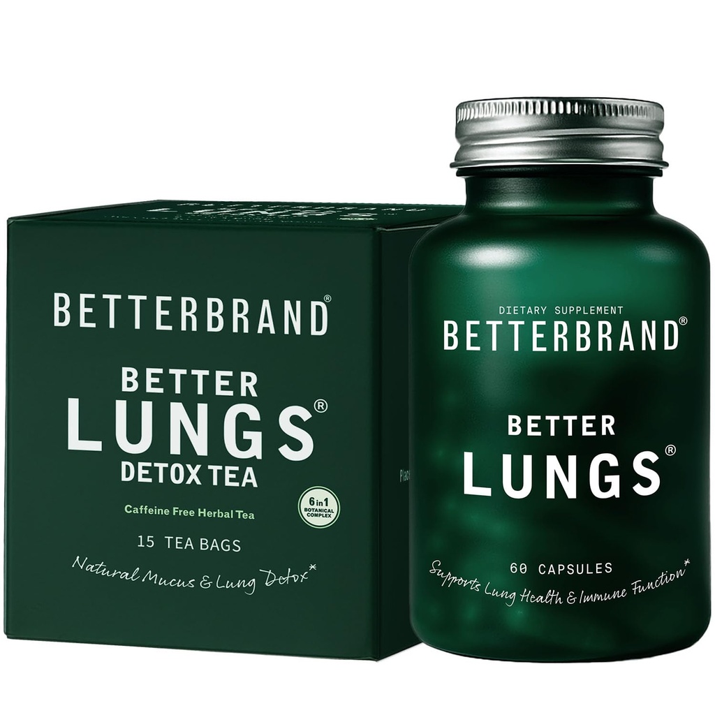 Betterbrand Better Lungs Health Pack - BetterLungs & BetterLungs Detox Tea Bundle - Denní rehabilitační doplněk zdraví - 15X Bylinné čajové sáčky + 60 Kapsle