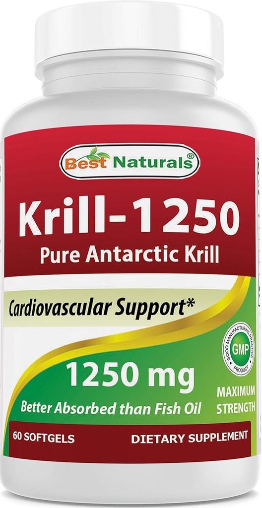 Nejlepší Naturals Pure Antarctic Krill Oil 1250 mg (Triple Strength) s Omega-3s EPA, DHA a Astaxanthin 60 Softgels