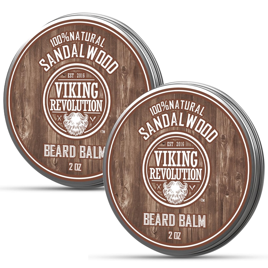 Viking Revolution Sandalwood Beard Balm - Beard Butter with Argan Oil, Beard Softtener for Men with Jojoba Oil - Beard Moisturizer for Men with Beeswax - Beard Wax for Men (2oz, 2 Pack)
