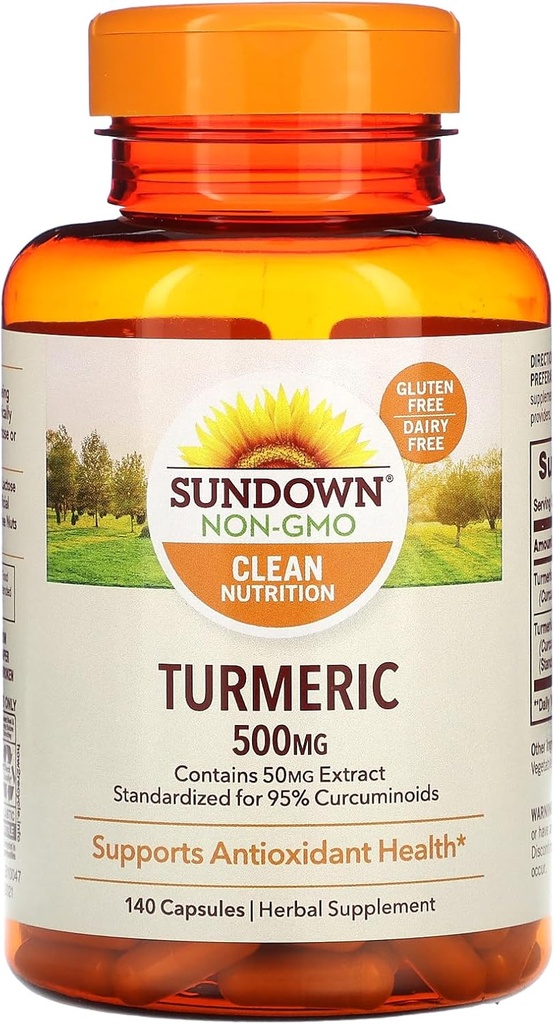 Sundown Turmeric dodatek, 500 mg, podporuje antioxidační zdraví, 140 Kapsle