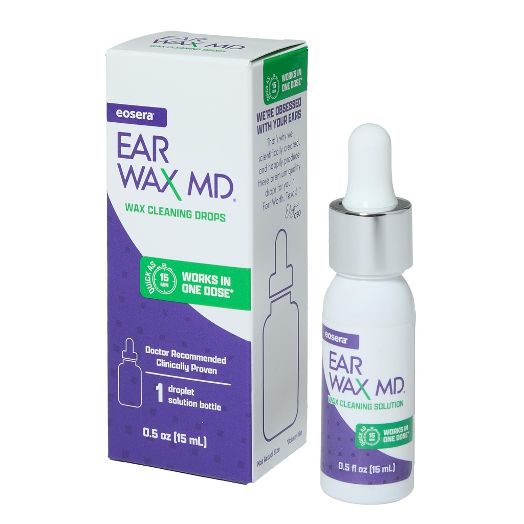 eosera ® Ušní vosk MD ® - Odstranění ušního vosku - Přerušuje & Rozpustí Earwax v Just 1 Léčba - Doporučené a klinicky osvědčené - Gentle & Safe - 15-ml