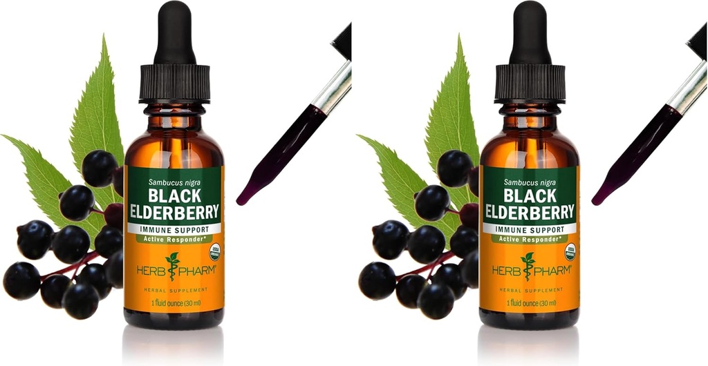 Herb Pharm Certified Organic Black Elderberry Liquid Extract pro podporu imunitního systému, Organic Cane Alkohol, 1 Oz (balení po 2)