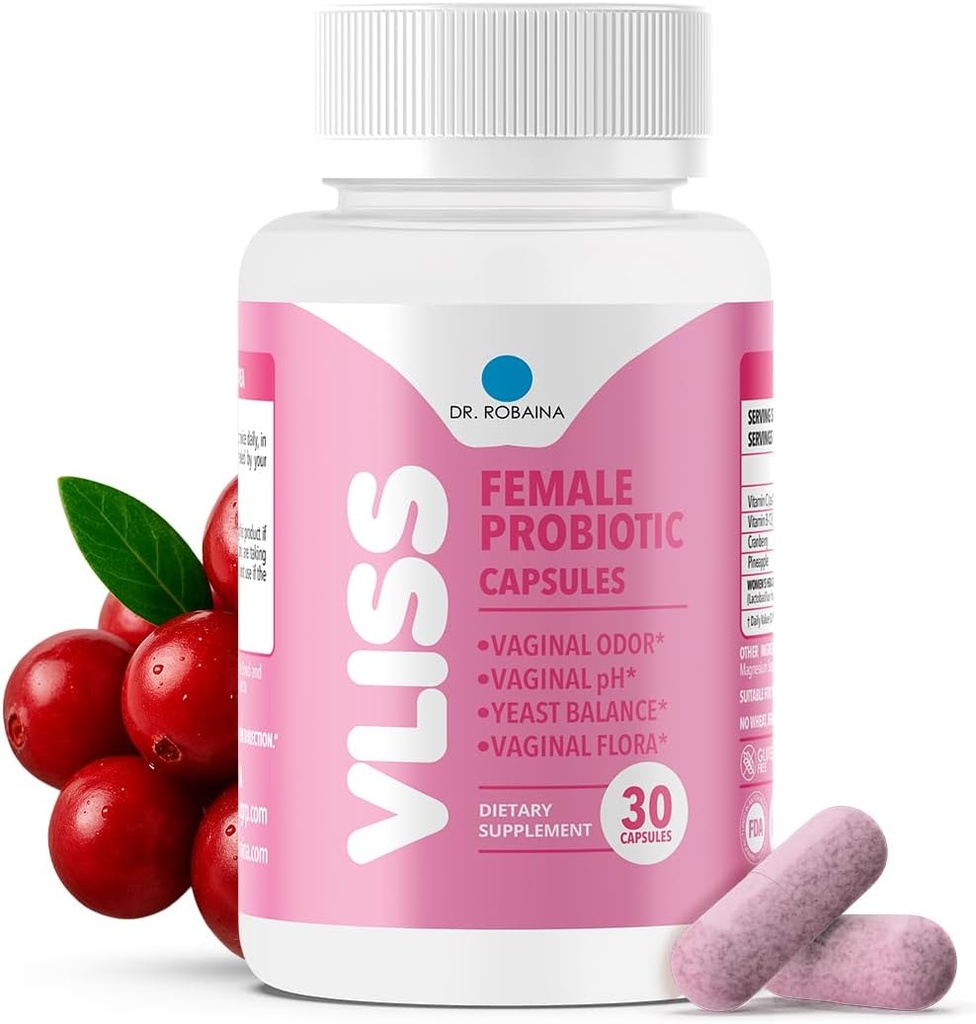 Dr. Robaina Daily Vaginal Probiotic + Cranberry & Ananas, 5 B CFU Lactobacillus (rhamnosus, reuteri, gasseri, Crispatus), pH Balance & Odor Control, Vitamin C & B-12, 30 Vegan Kapsle