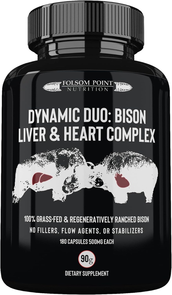 Dynamic Duo: 100% Grass- Fed Bison Játra & srdce komplex 124; Vyrobeno v USA