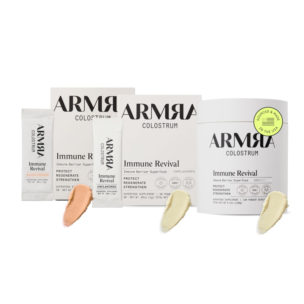ARMRA Colostrum ™ Premium Powder, Grass Fed, Gut Health Bloating Imunity Skin & Hair, Obsahuje 400 + bioaktivní živiny, Keto, gluten & Fat zdarma (krvavý pomeranč, bezochucené Bundle 124; 180 Servings)