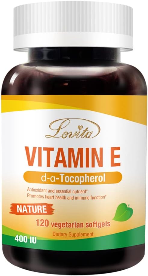 Lovita Vitamin E 400 IU Softgels, Natural Vitamin E 268 mg (jako D Alpha Tocopherol), Vegan Vitamin E pro zdravou pleť, vlasy, hřebíky a imunitní systém Podpora, 120 Vegetariánské Softgels