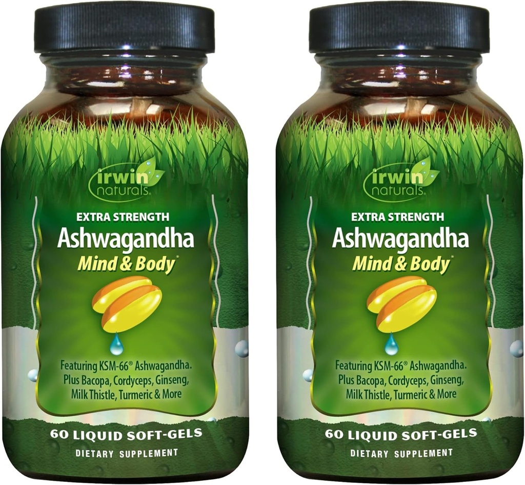 Irwin Naturals Extra Strength Ashwagandha - 60 Liquid Soft- Gels - Pomáhá zvýšit fyzickou a duševní výkonnost - s tumerické & mléčné thistle - 60 Služeb