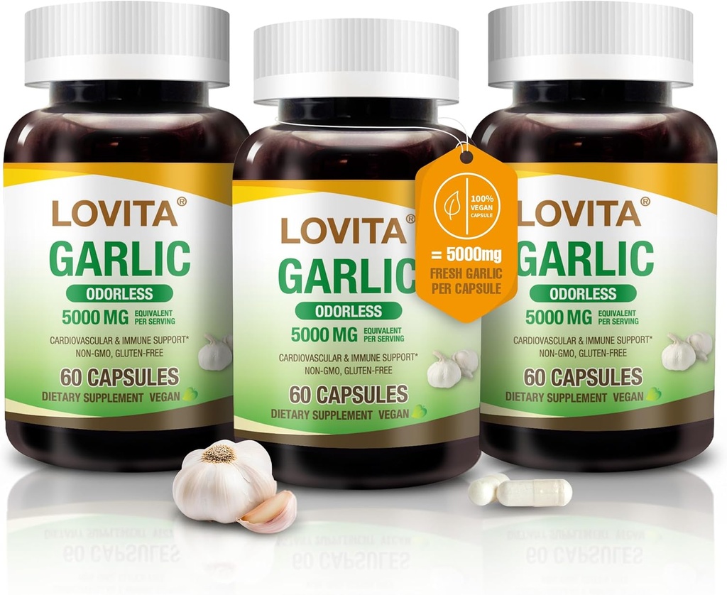 Lovita Odorless Česnek Kapsle, 5000mg Čerstvý česnek Ekvivalentní, 1.25% Allicin Extract, Podporuje srdce, krevní tlak, Cholesterol & imunitní systém, Non- GMO, gluten- Free, 180 Vegan Kapsle