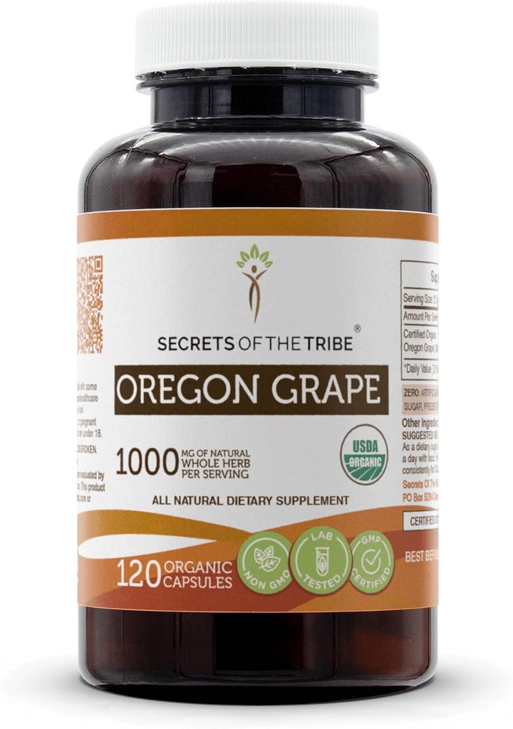 Tajemství kmene Oregon Grape USDA Organic Capsules CLAS124; Certified Organic Vegetarian Capsules, Bylinné dietní dodatek CLAS124; Mahonia aquifolium Sured Root (120 Počet)