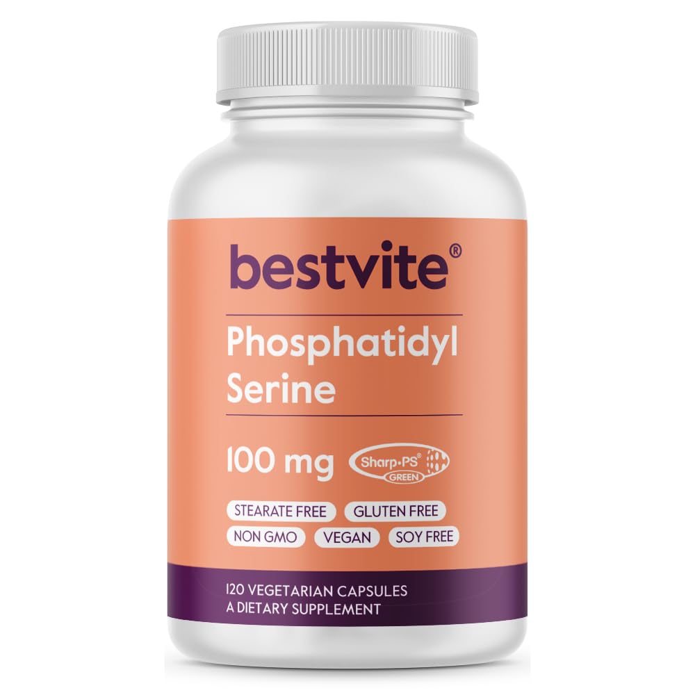 BESTVITE Fosfatidylserine 100mg na kapsli (120 Vegetariánských kapslí) s Sharp- PS ® Green - Patentované a klinicky testované - Stearate Free - Soy Free - Gluten Free - Vegan - Non GMO