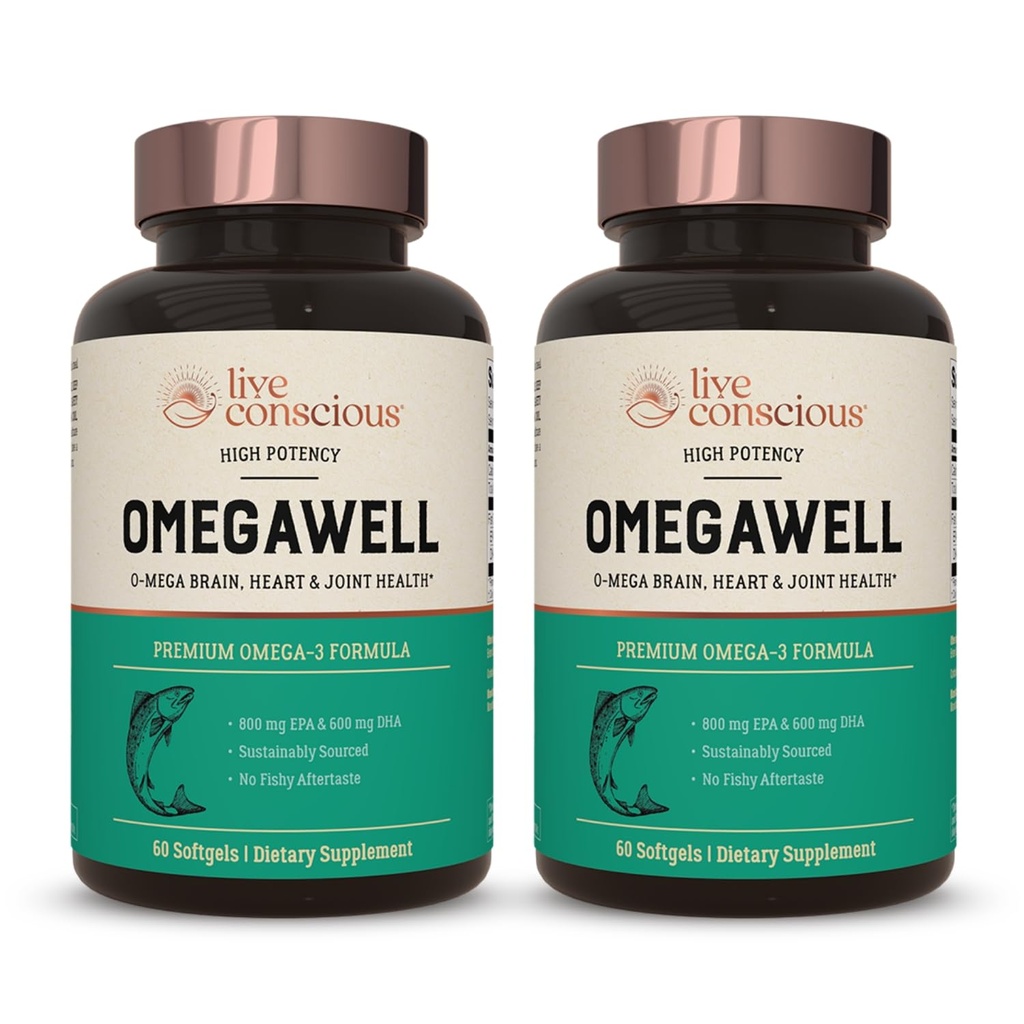 Živý OmegaWell Fish Oil: Heart, Brain, and Joint Support CLAS124; 800 mg EPA 600 mg DHA - Enteric- Coated, Sustainable Sourced - Snadno spolknout 120 Počet (2- Pack)
