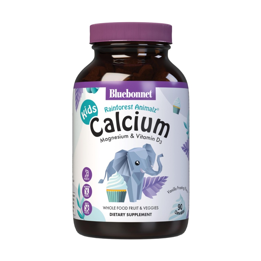 BlueBonnet Super Earth Rainforest Animalz vápník hořčík a vitamín D3 Chews, přírodní vanilková poleva, bílá, 90 Počet