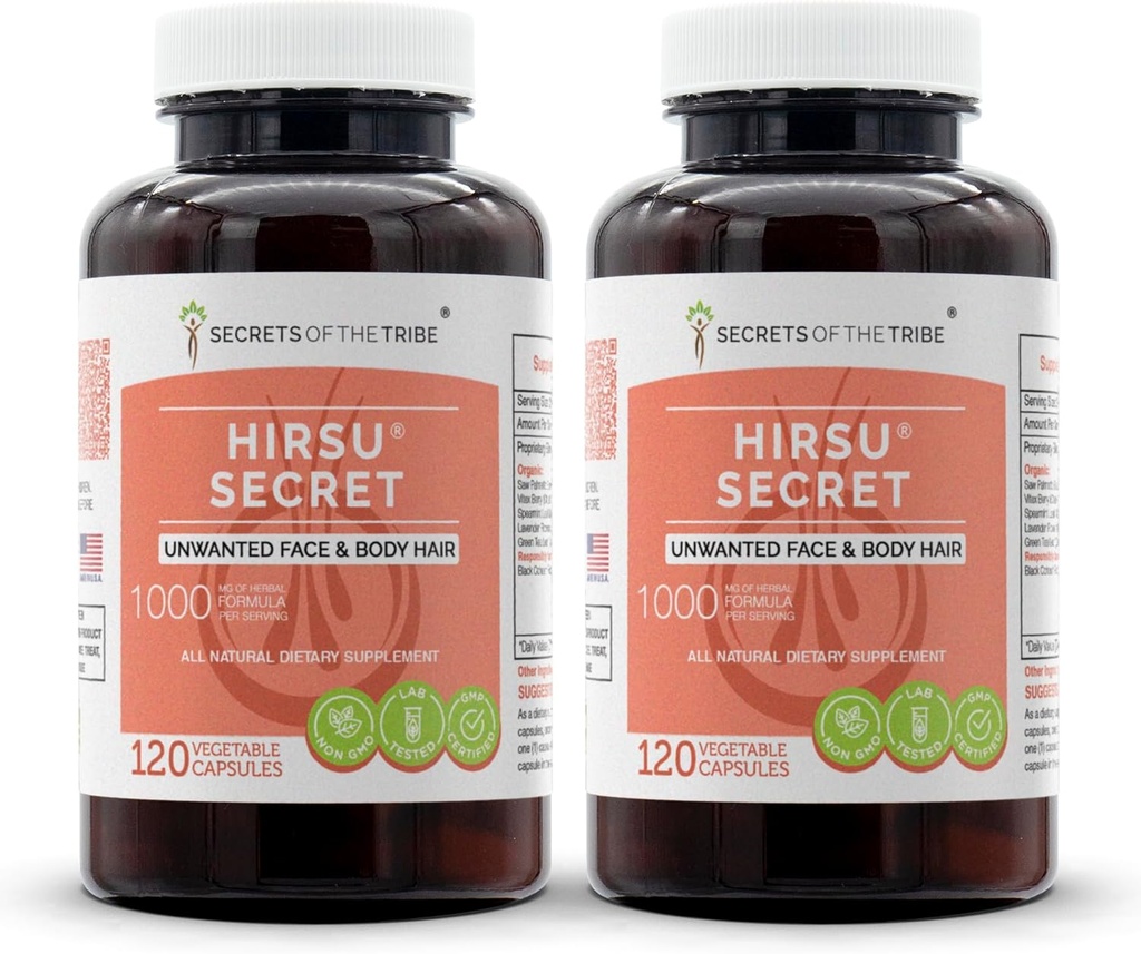 Hirsu Secret 120 Kapsle (2 ks.), 1000 mg, Saw Palmetto, Black Cohosh, Vitex, Spearmint, Lavender, Green Tea. Nechtěné obličeje a tělo vlasy (2x120 Kapsle)