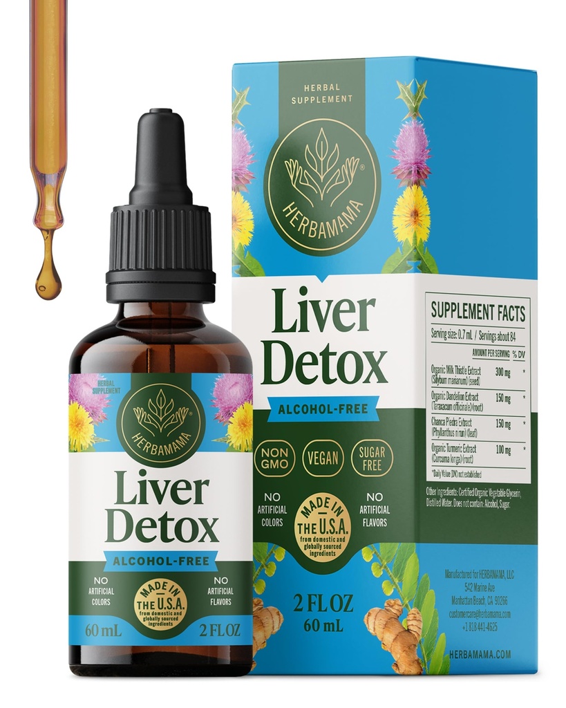 HERBAMAMA Vyčištění jater Detox & Opravy - Játra Supplement - Tekuté kapky s mléčným bodlákem, Kořen pampelišky a Chanca Piedra - Alkohol & Sugar- Volný tekutý čisticí dodatek, 42denní dodávky