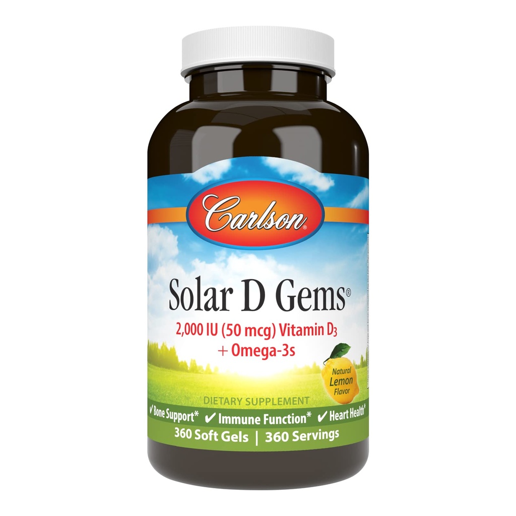 Carlson - Solar D Gems, Vitamin D3 a Omega-3 dodatek, 2000 IU (50 mcg) Vitamin D3, 115 mg Omega-3s EPA a DHA dodatek, Wild Caught, Udržitelně sourced, Lemon, 360 Softgels
