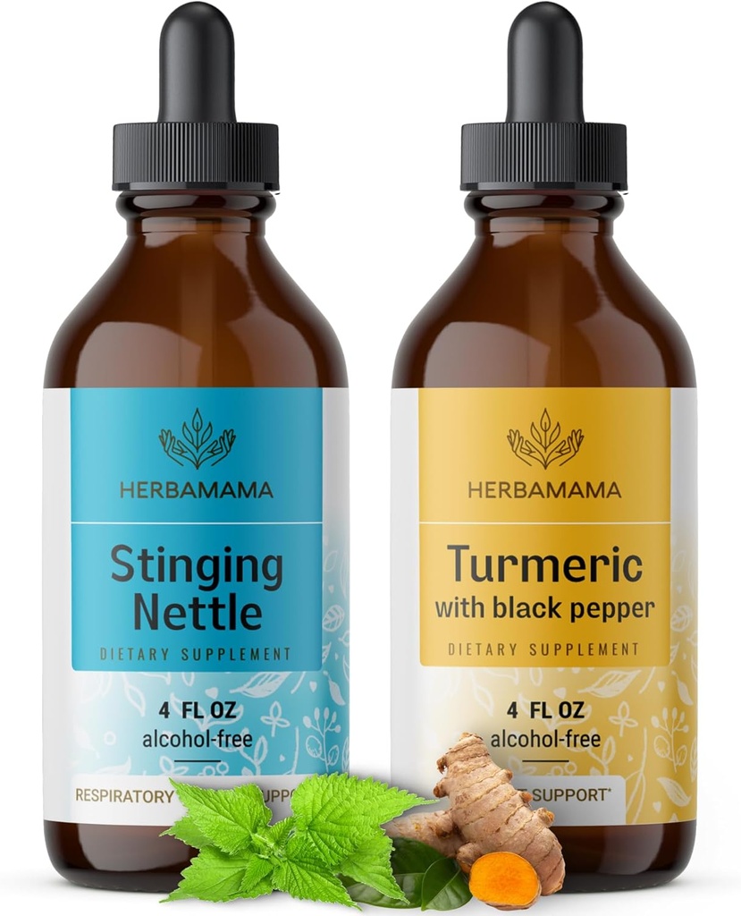 HERBAMAMA Herbal Liquid Drops Kit - Bundle of Stinging Nettle & Turmeric Curcumin Tincture 4 fl oz - Vegan, Non- GMO, Sugar & Alcohol- Free - 2 Pack