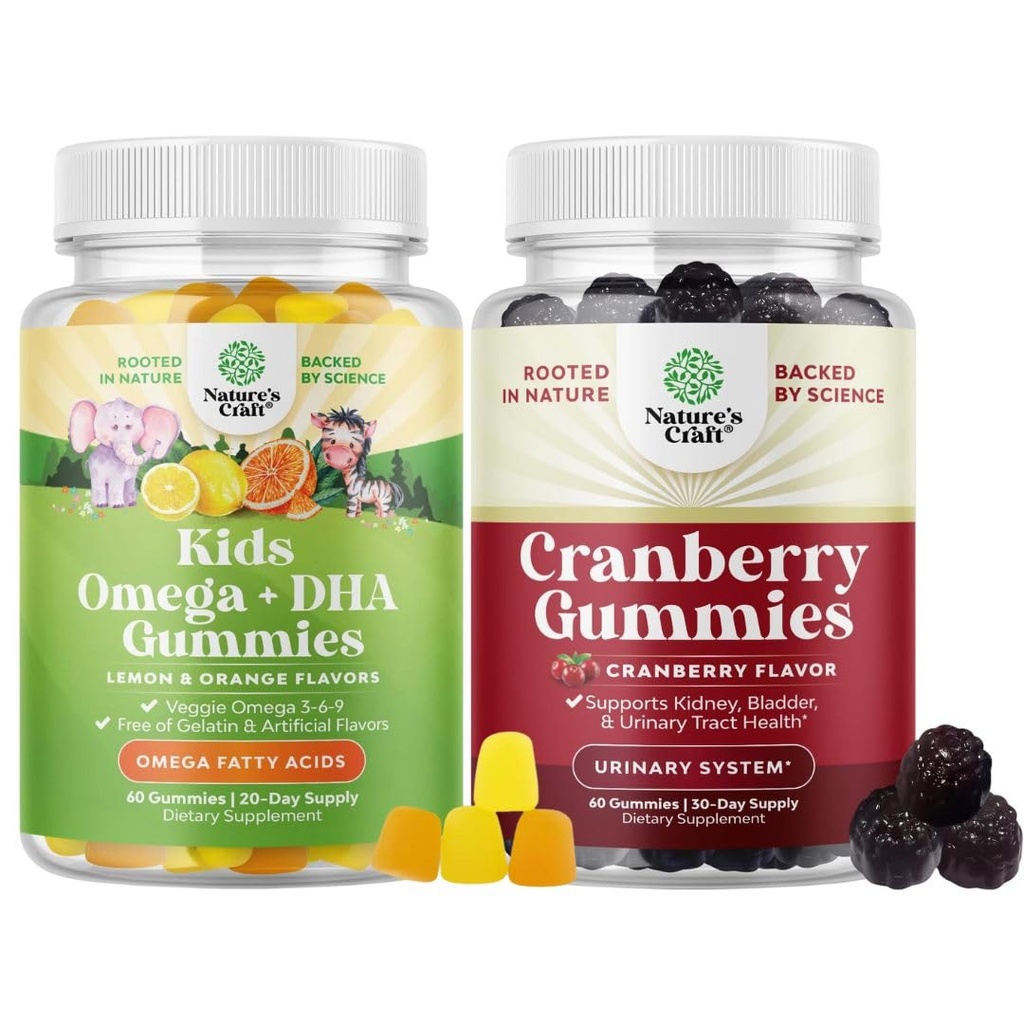 Svazek rostlin na bázi Omega 3 Gummies pro děti a přírodní brusinkové gumy pro ženy a muže - pro Vizi Imunity and Focus Support - pro močovou trakt Zdraví Ledviny Podpora močových měchýřů a imunity