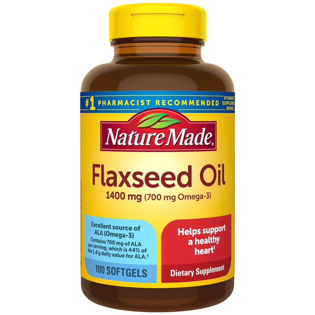 Příroda Made Extra Strength Flaxseed Oil 1400 mg, Ryby zdarma Omega 3 dodatek, Dietní dodatek pro podporu srdečního zdraví, 100 Softgels, 100 den dodávky