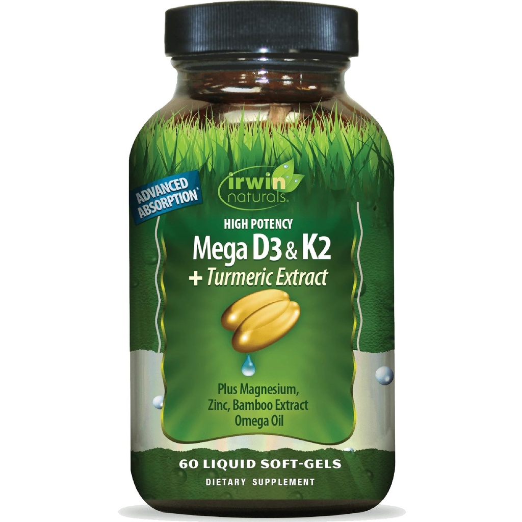 Irwin Naturals High Potency Mega D3 & K2 + Kurkumový extrakt - 60 Tekuté ponožky - Zdravé kosti a imunitní funkce