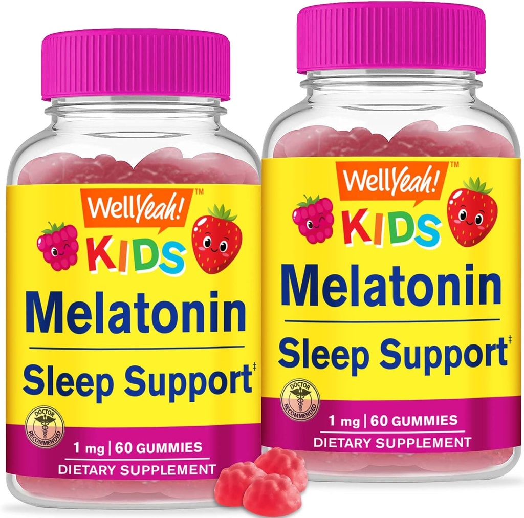 WellYeah Kids Melatonin Gummies 1 mg (2 balení) - Drug- Free Sleep Aid Gummy Supplementary, Sleep Support for Kids - Gluten Free, Gelatin Free, Non GMO, Vegetarian - Natural Sourced Flavor - 60 Gummies
