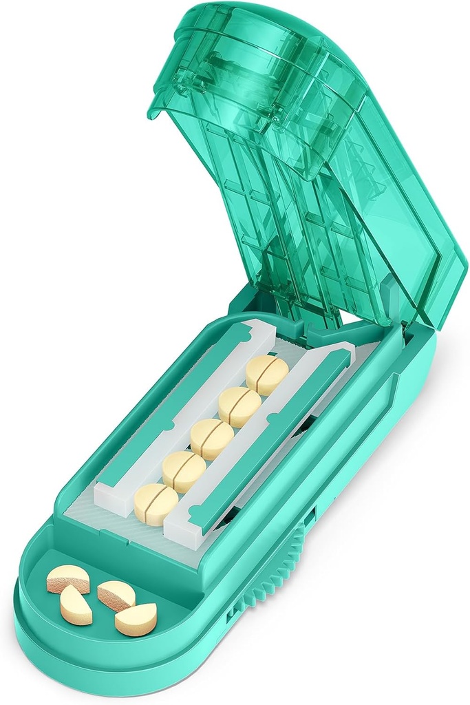 Jeden PIX Pill Cutter Splitter pro malé a malé pilulky, Medicine Cutter pro řezání více pilulek v čase v polovině, řez pro malé nebo velké pilulky se skrytou Sharp nerezové oceli čepele, kyan