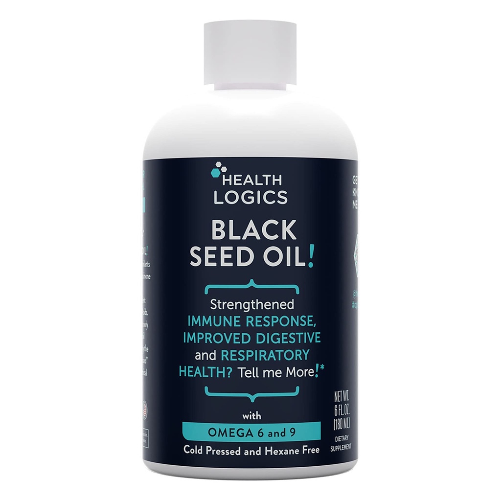 Health Logics Black Seed Oil CLAS124; Rich Source of Omega 6 & Omega 9 CLAS124; Pure Cold Pressed Black Cumin Seed Oil for Respirační, trávicí a imunitní zdraví CLAS124; 6 fl oz