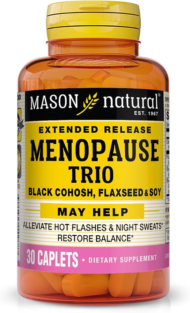 Mason Natural Menopauza Trio: Black Cohosh, Flaxseed, & Soy (rozšířené vydání) - Může usnadnit horké záblesky & noční poty *, podporuje zdravé hormonální rovnováhy *, 30 Kaplety