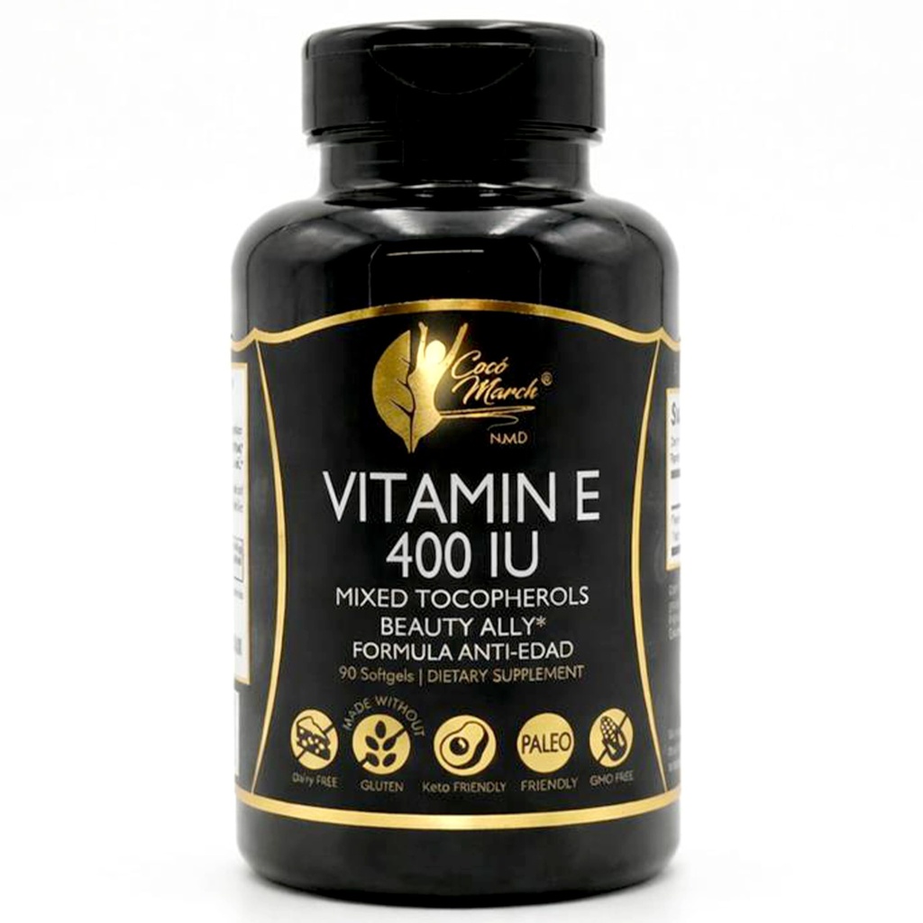 Cocó March N.M.D Přírodní vitamin E 400 NU- Smíšené Tokoferoly, Beauty Ally, 3 Měsíční dodávky - Gluten Free, Paleo Friendly, Dairy Free, Keto Friendly, GMO Free, 100 Softgels