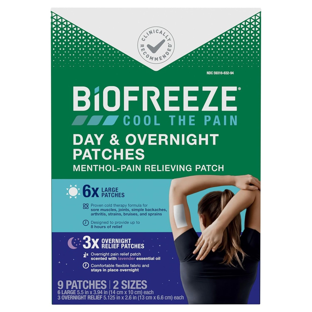 Biofreeze Day & Overnight Pain Relief Patches, Menthol Pain Patches for Artritis & Muscle Pain Relief, Comfortable & Flexible Fabric Stays in Place, FSA / HSA Způsobilé, 9 Záplaty (6 den, 3 noc)