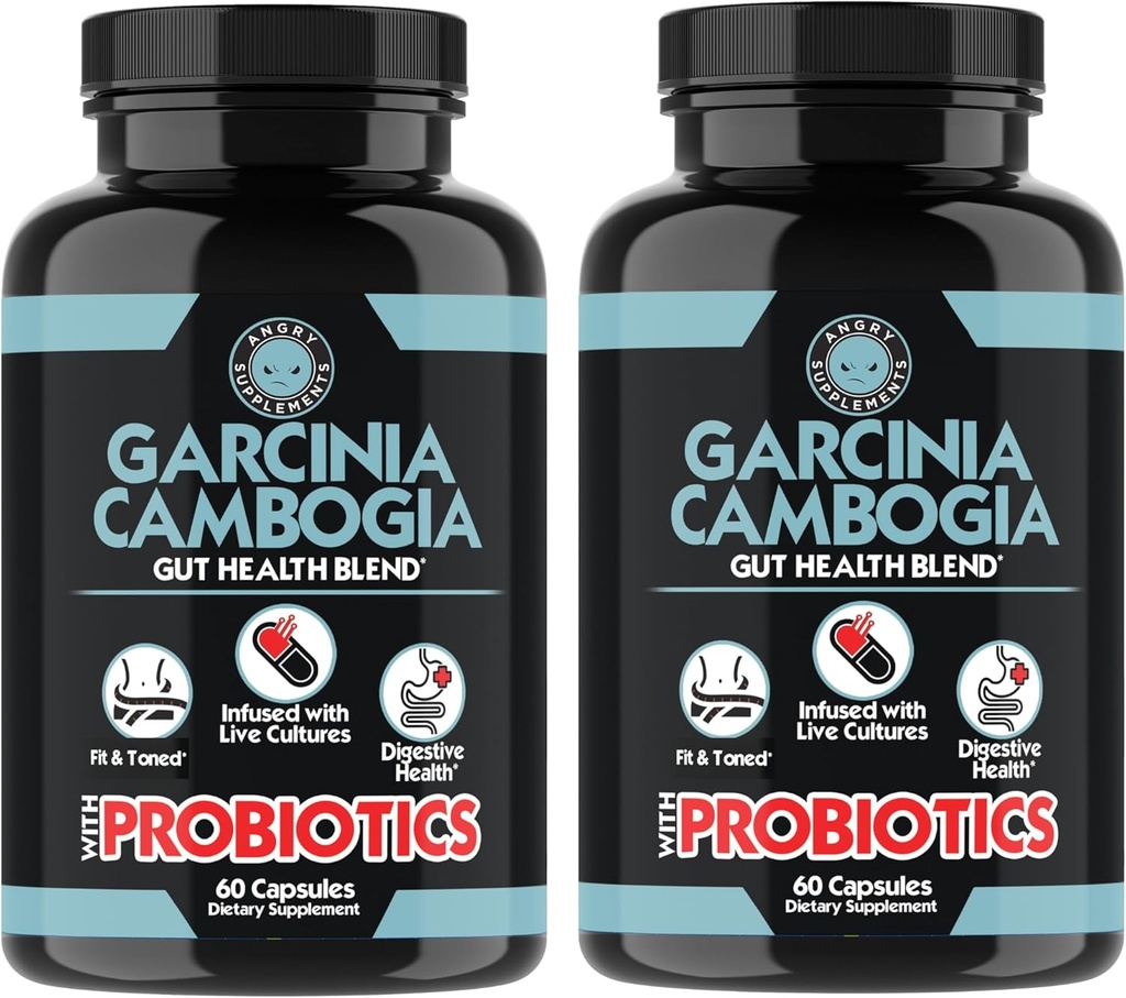 Rozzlobené doplňky Garcinia Cambogia s Probiotika, Gut Zdraví Multivitamin w. Vitamíny A, C, D, E, K, B2, Zink, Selen, Měď, Chrom + Bylinné směsi Kapsle (2- Lahve, 120ct Celkem)