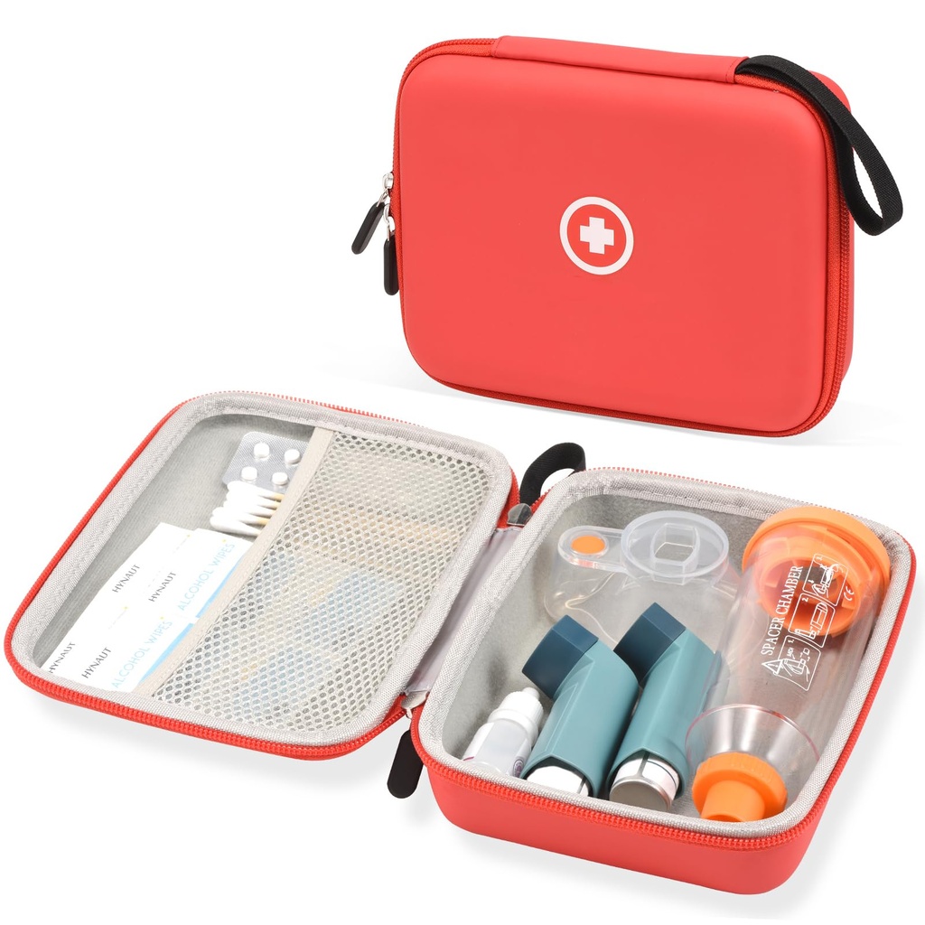 Fukumi Hard Travel Case pro Asthma Inhaler, Inhaler Spacer Case pro děti a dospělé, Masky, Asthma Příslušenství Pouzdro s Mesh Pocket for Medicine a další příslušenství, Red (Pouzdro pouze)